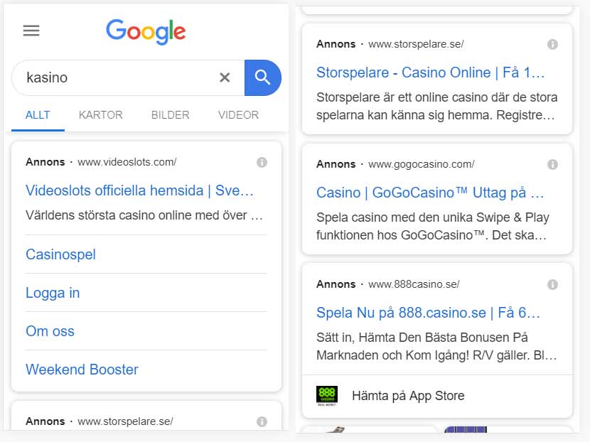 Google Ads sökning på Kasino